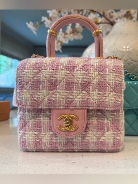 Chanel Pink Tweed Handle crush bag